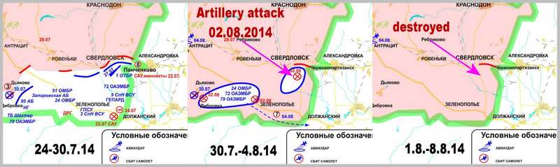 Battles southeast of Sverdlovsk from mid-July to early August 2014 (map from pro-russian sites)